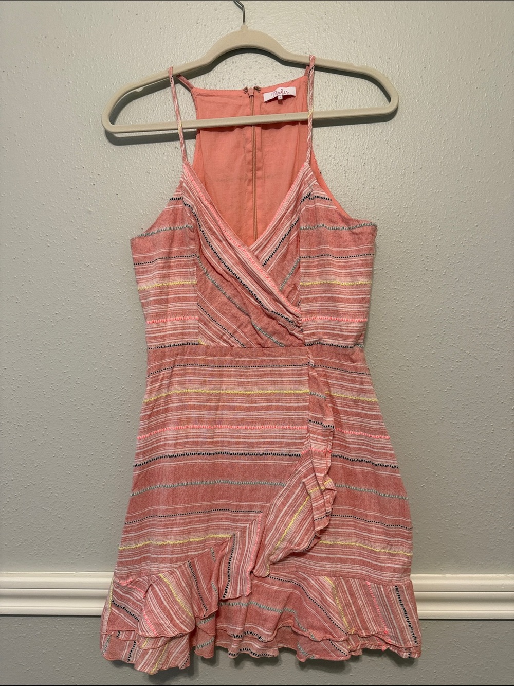 Parker Jay Ruffle Striped Mini Dress in Pink Sunset Stripe